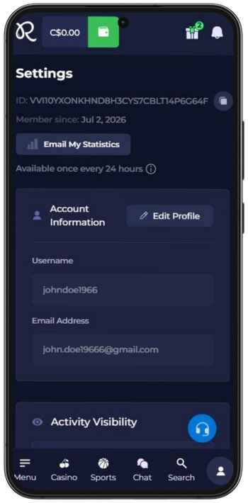 Rainbet Casino account settings with two-factor and profile controls