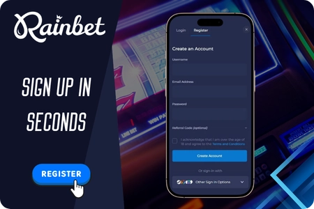 Rainbet Casino account registration form with nine sign-in options