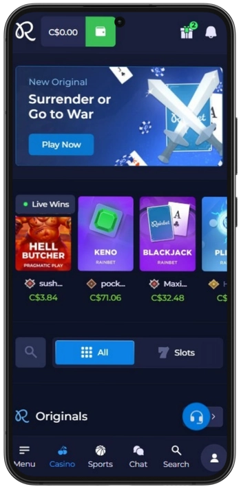 Rainbet Casino homepage with new Original and slot lobby