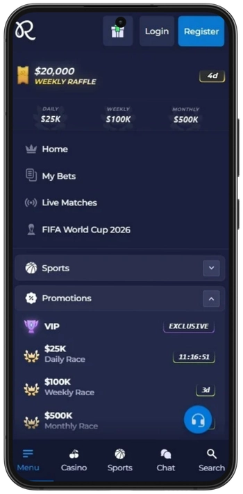 Rainbet Casino mobile side menu with sports, promotions and VIP races