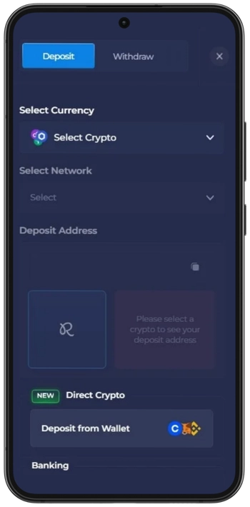 Rainbet Casino crypto cashier with deposit and network selection