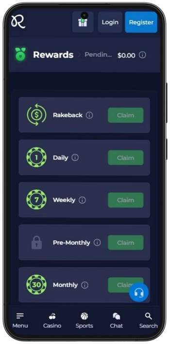 Rainbet Casino VIP rewards panel with rakeback and daily claims
